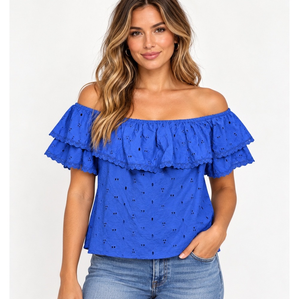 Calypso St. Barth top Womens Off Shoulder Ruffle Eyelet Cotton NWT